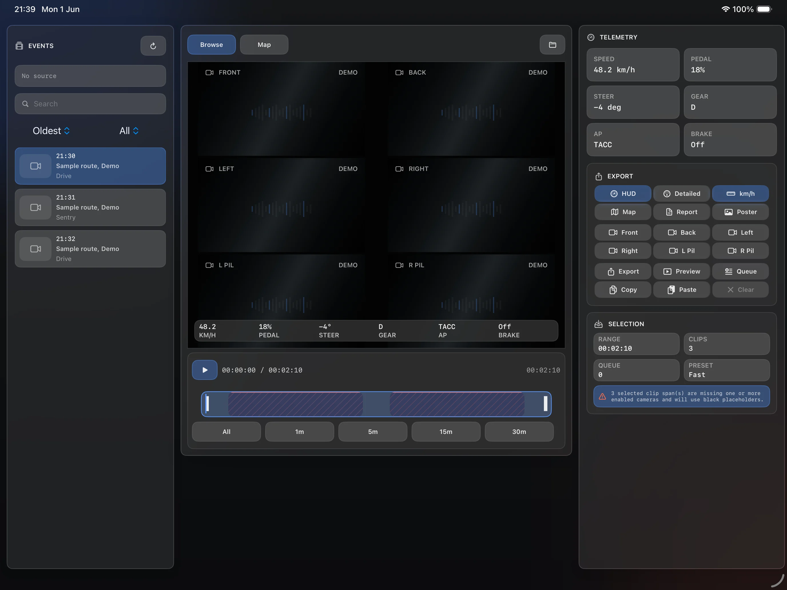 Teslacam iPad under-development demo dashboard with events, camera grid, telemetry, export controls, and selection details